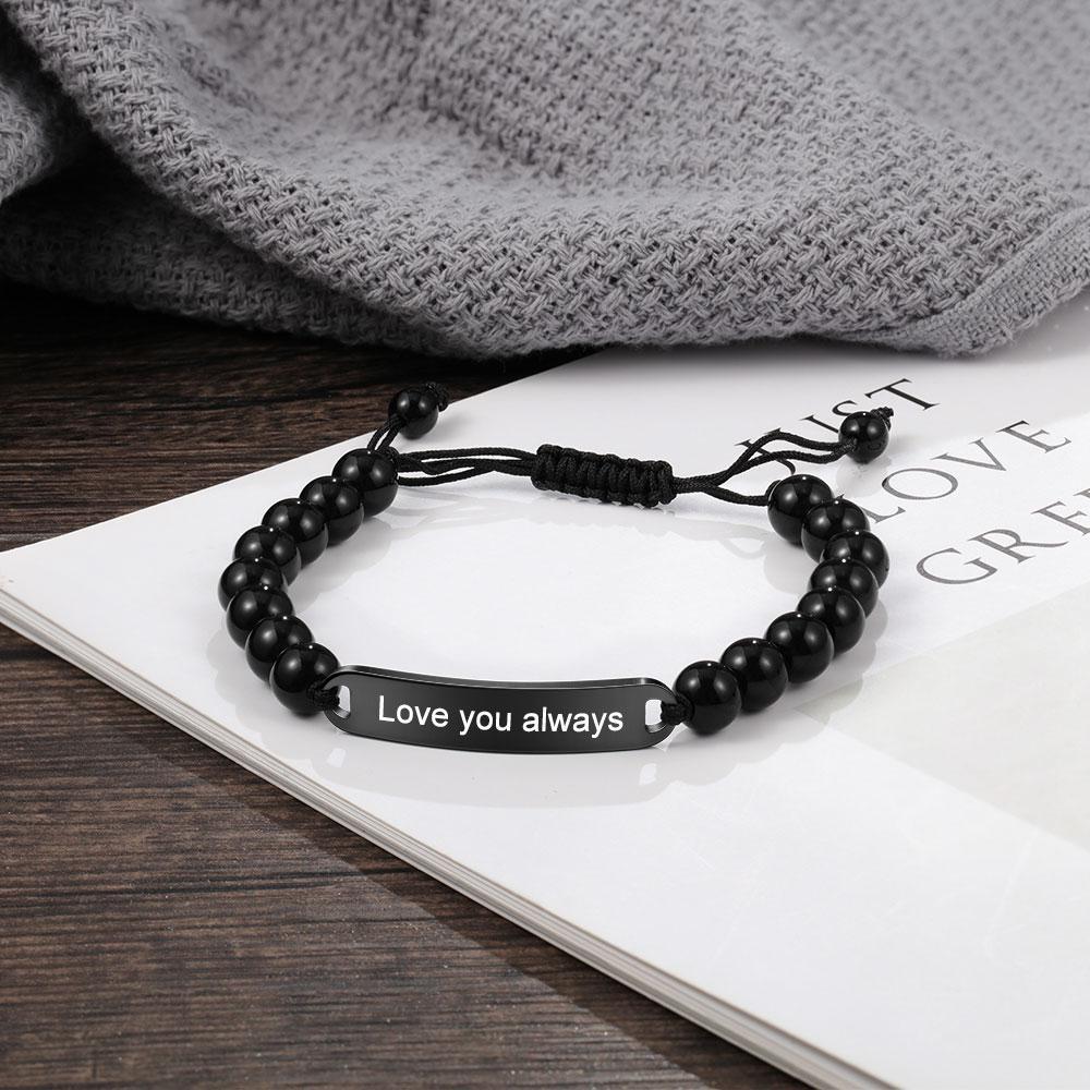 Men Black Beads Bracelet with Engraved Bar Custom Bracelets Personalised Gifts for Him-Jessemade AU