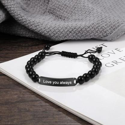 Men Black Beads Bracelet with Engraved Bar Custom Bracelets Personalised Gifts for Him-Jessemade AU