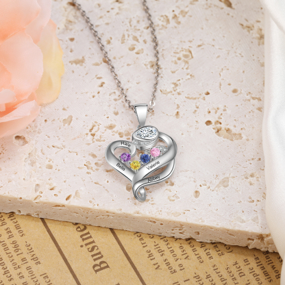 Personalised Flower Heart Necklace With 4 Birthstones Custom Names Necklace Gift For Her-Jessemade AU