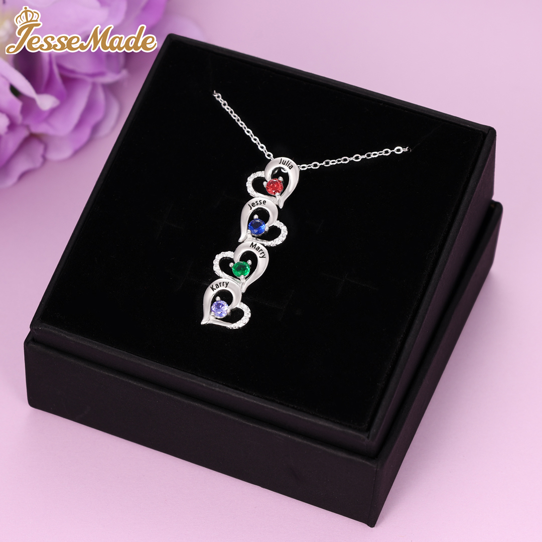 Personalised Heart Necklace With 4 Birthstones Engraved Names Gift For Her-Jessemade AU