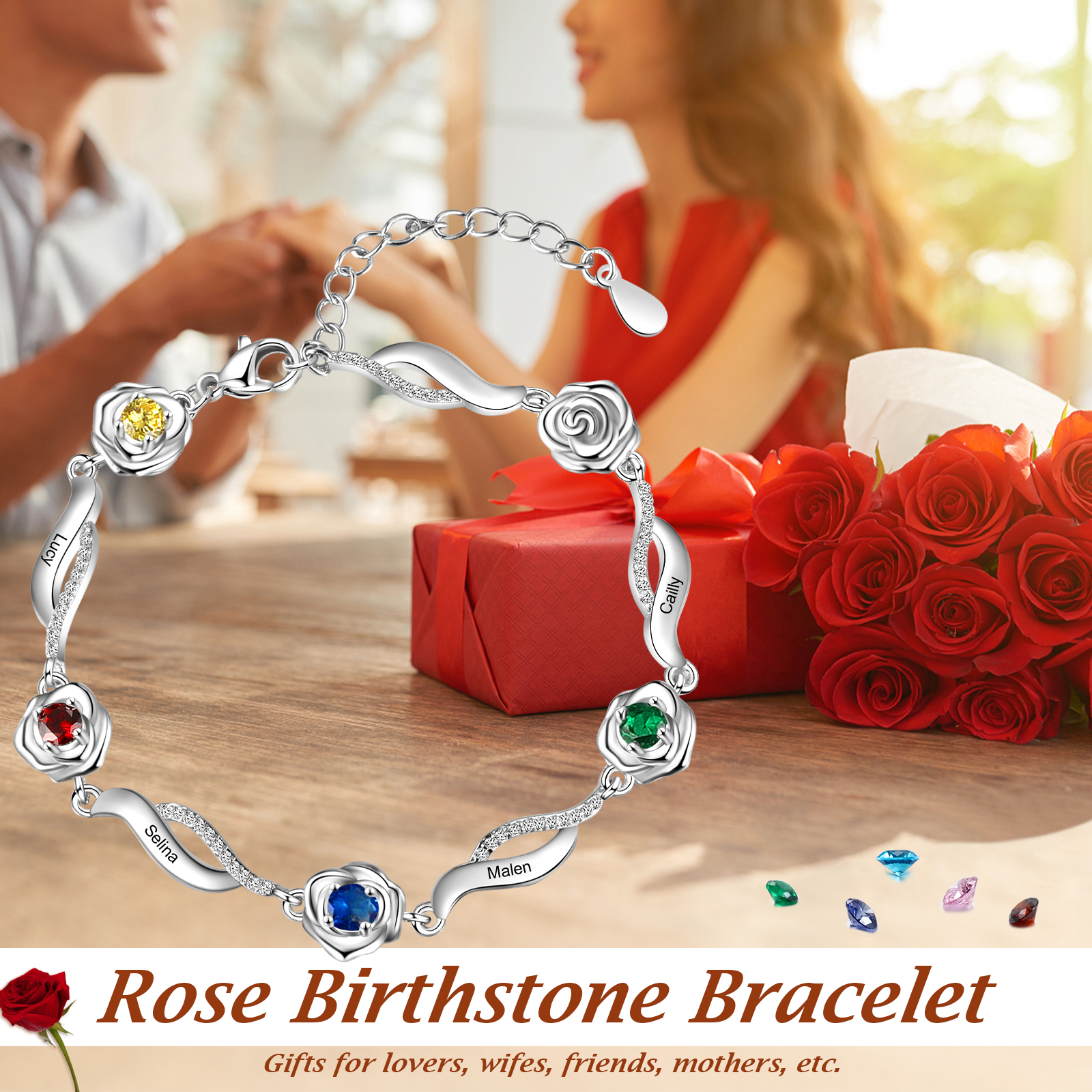 Personalised Rose Bracelet With 4 Birthstones Custom Names Bracelet Gift For Women-Jessemade AU