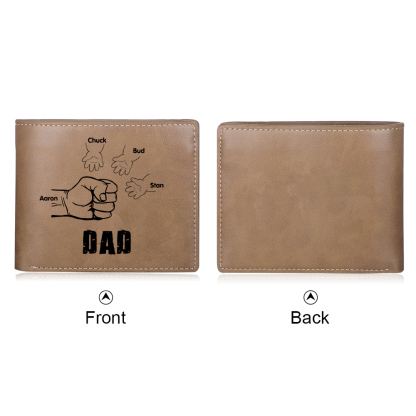 4 Names - Personalised Men Leather Wallet Engraved Names Brown Wallet Fist Bump Folding Wallet Gift For Dad-Jessemade AU