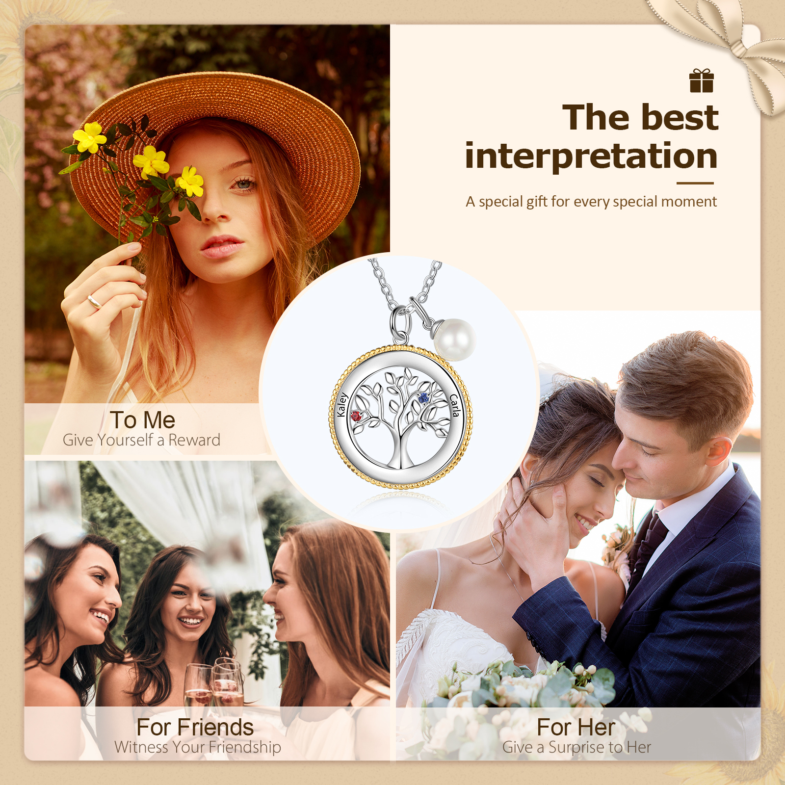 Personalised Family Tree Necklace With 2 Birthstones Engraved Names Necklace Gift For Women-Jessemade AU