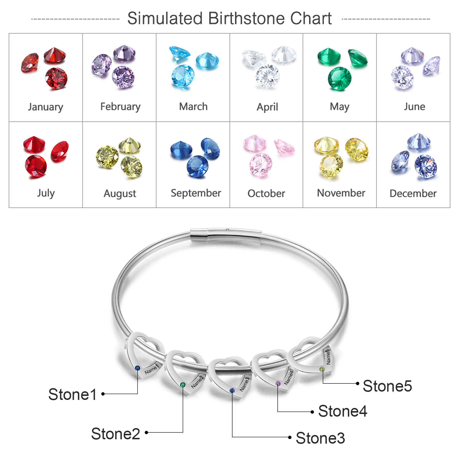 5 Names - Personalised Heart Bracelet with 5 Birthstones Custom Name & Birthstone Bracelet Gift for Her