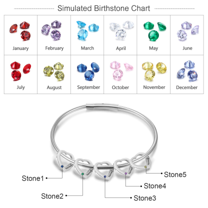 5 Names - Personalised Heart Bracelet with 5 Birthstones Custom Name & Birthstone Bracelet Gift for Her-Jessemade AU