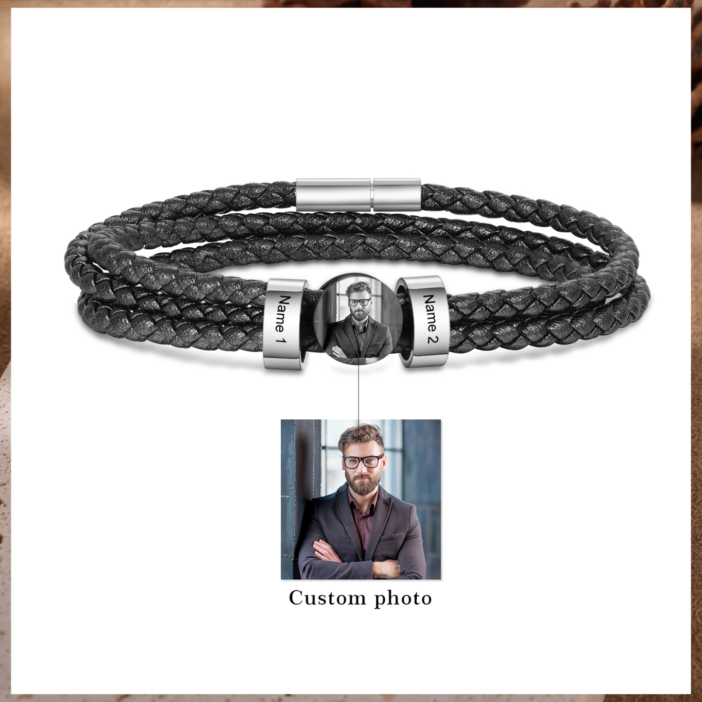 Personalised Photo Bracelet with 2 Names Leather Bracelet Beaded Wrap Bracelet-Jessemade AU