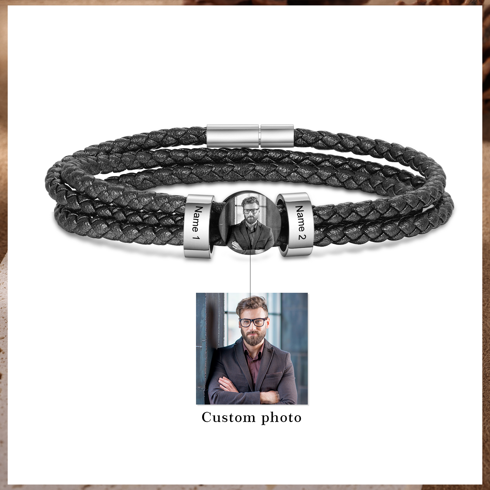 Personalised Photo Bracelet with 2 Names Leather Bracelet Beaded Wrap Bracelet-Jessemade AU