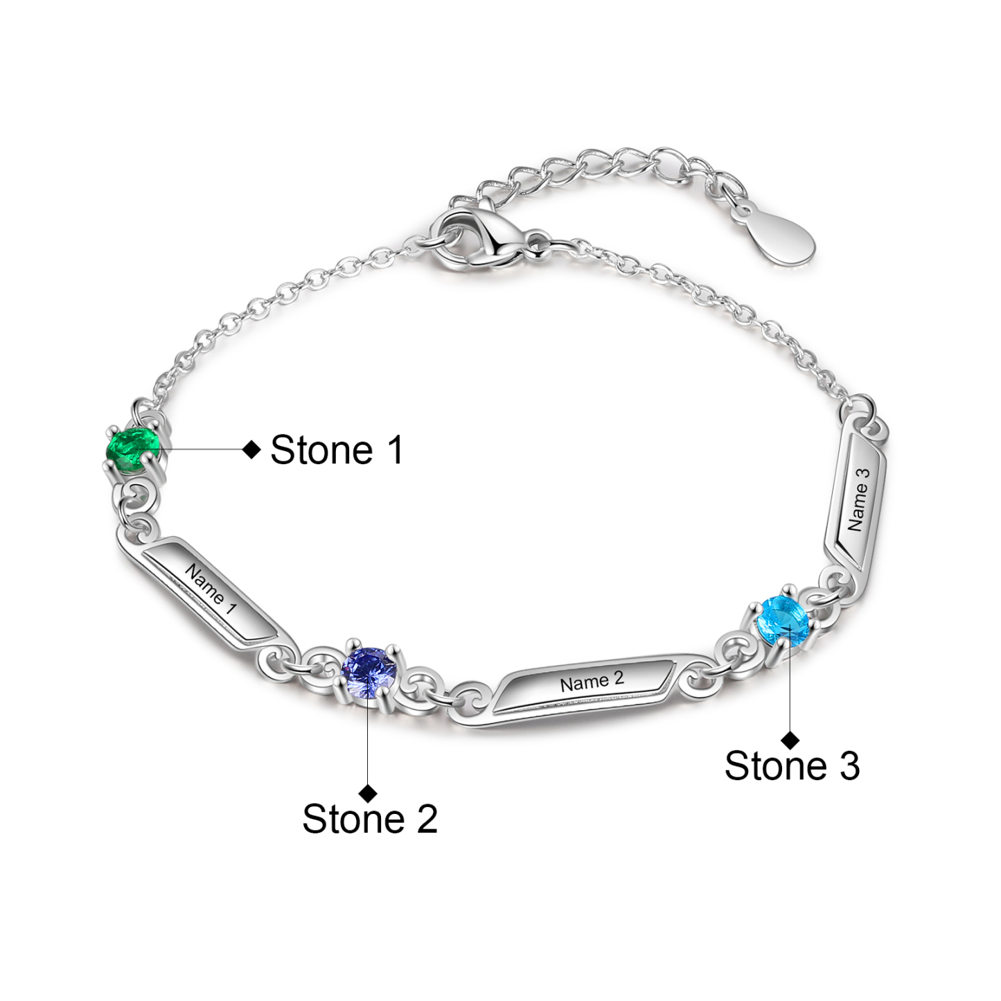 Personalised Family Name Bracelet With 3 Birthstones Engraved Names Gift For Her-Jessemade AU