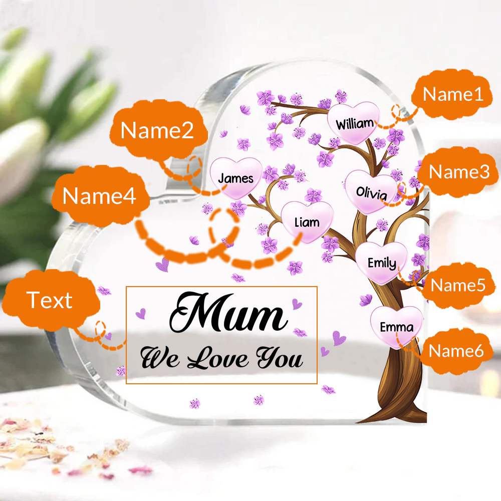 6 Names - Personalised Acrylic Heart Keepsake Custom Text Purple Flowers Tree Ornaments Gifts for Grandma/Mother-Jessemade AU