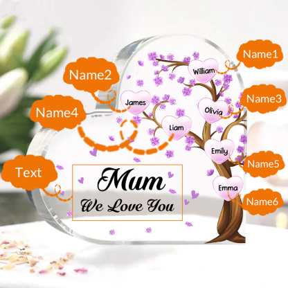 6 Names - Personalised Acrylic Heart Keepsake Custom Text Purple Flowers Tree Ornaments Gifts for Grandma/Mother-Jessemade AU