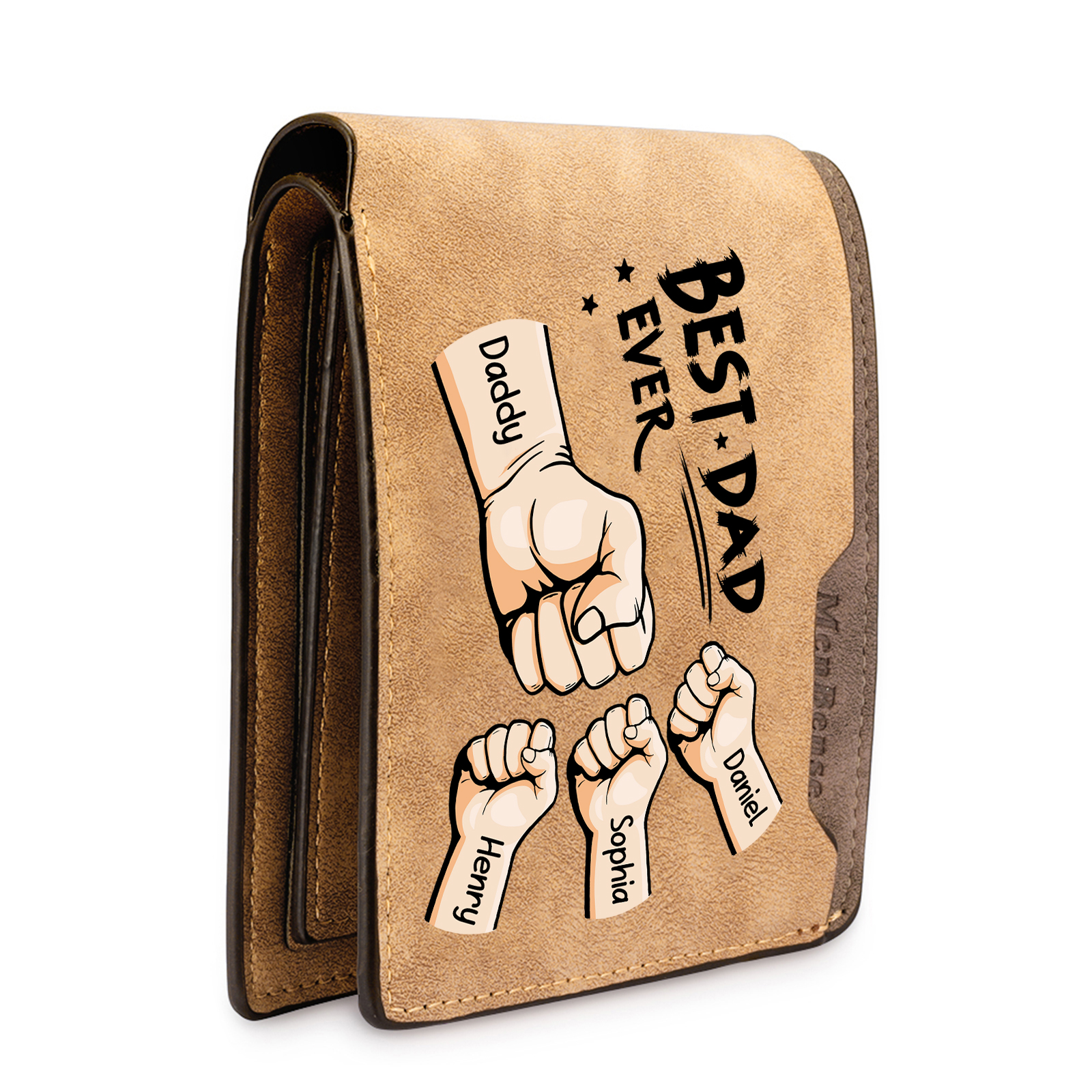 Best Dad Ever - Custom 4 Names & 1 Text Billfold Wallet Personalised Fist Bump Men's Leather Wallet