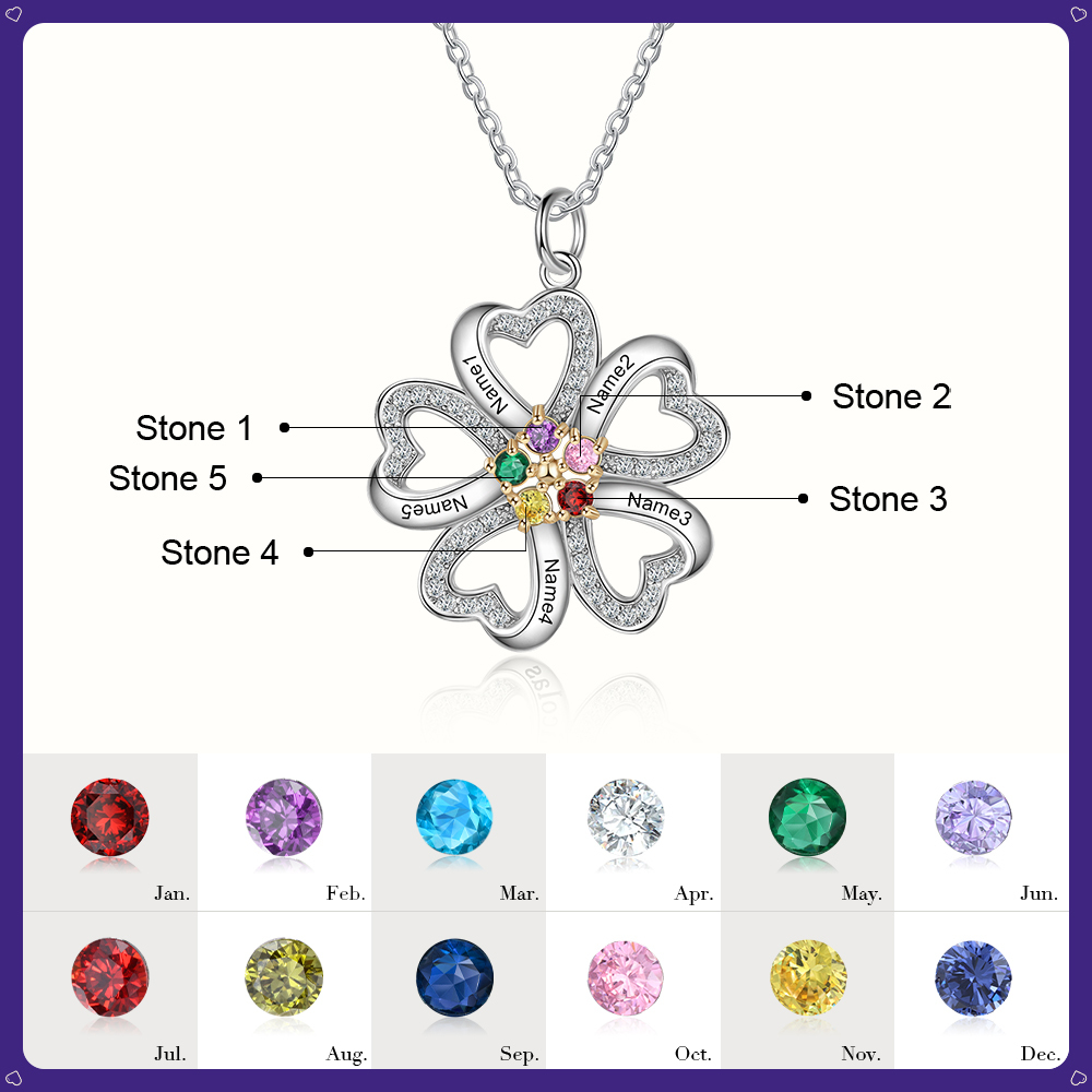 Personalised Heart Necklace With 5 Birthstones Engraved Names Gift For Women-Jessemade AU