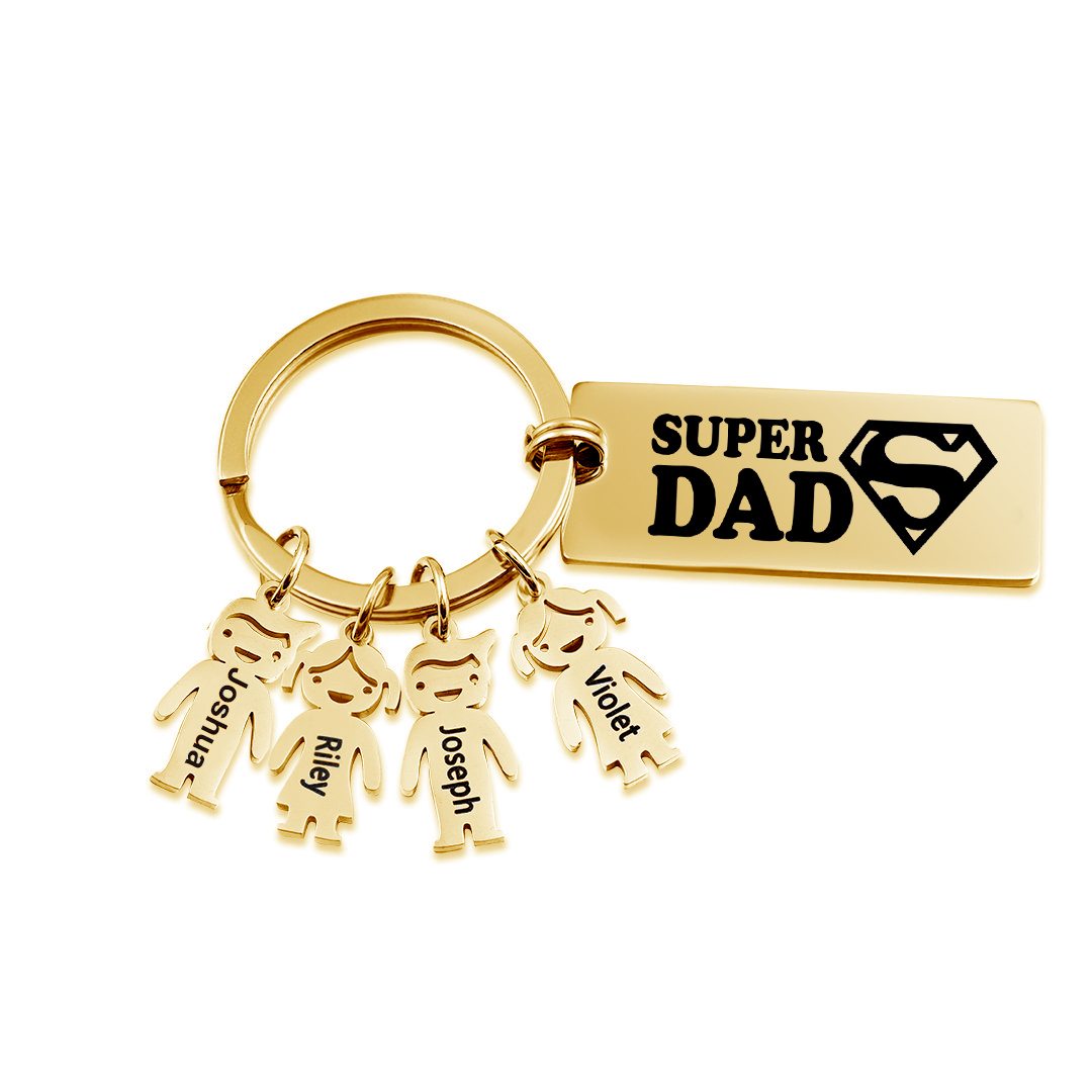 Father's Day Gift Personalised Super Dad Keychain Engraved 4 Kid Charms-Jessemade AU