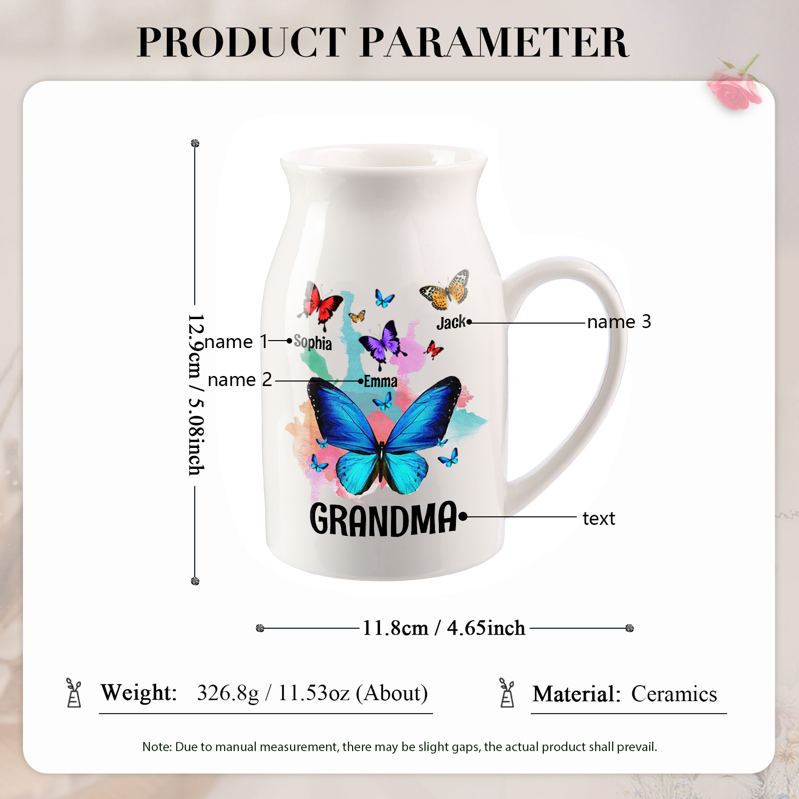 Personalised Ceramic Flower Vase Custom 2–8 Names & 1 Text Colourful Butterfly Vase Gift for Mother/Grandma-Jessemade AU