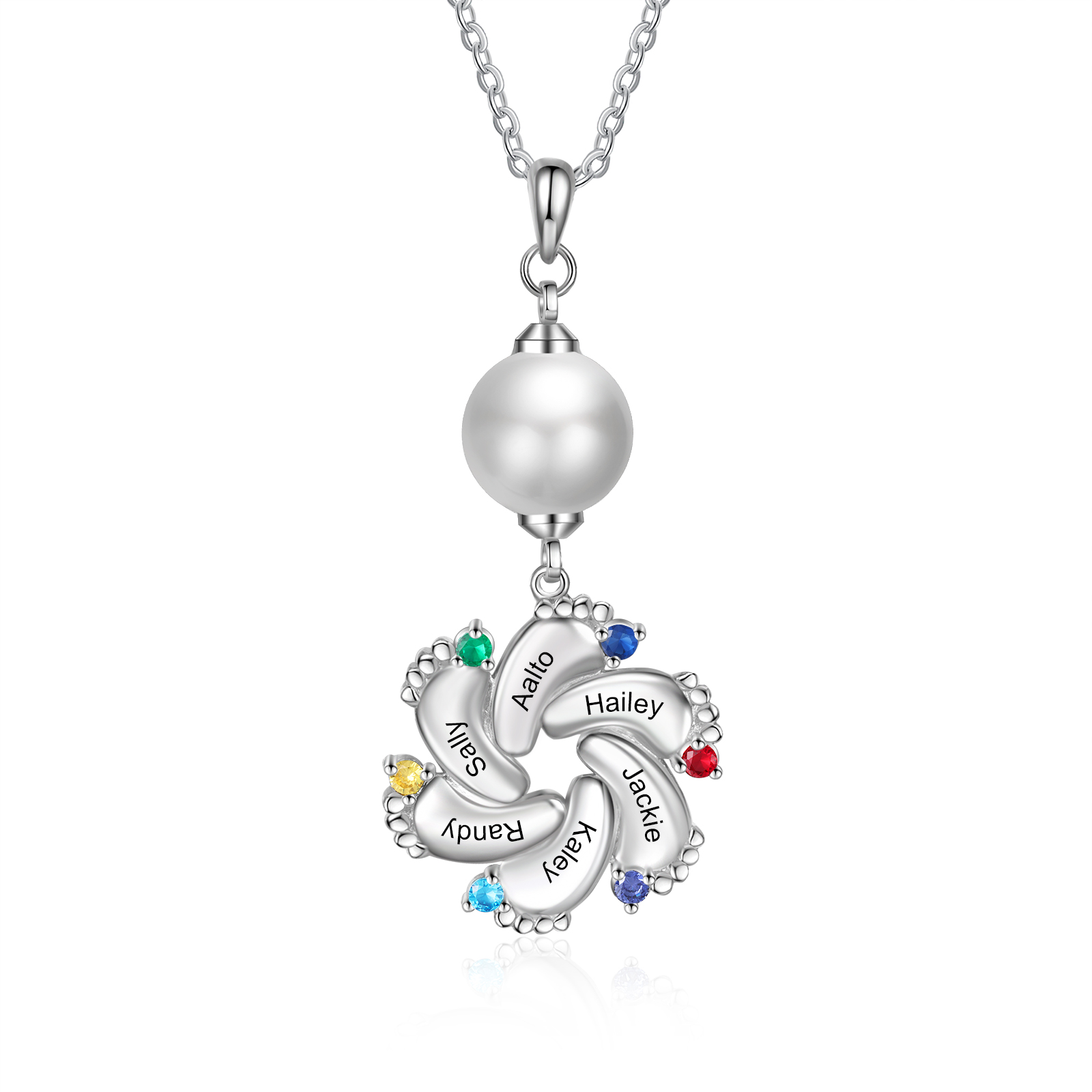 Personalised Baby Feet Pearl Necklace Custom 6 Names & Birthstones Mother Necklace-Jessemade AU