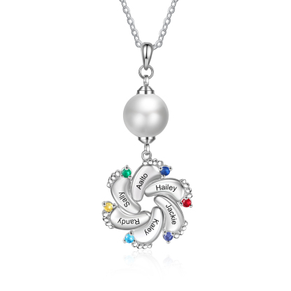 Personalised Baby Feet Pearl Necklace Custom 6 Names & Birthstones Mother Necklace-Jessemade AU