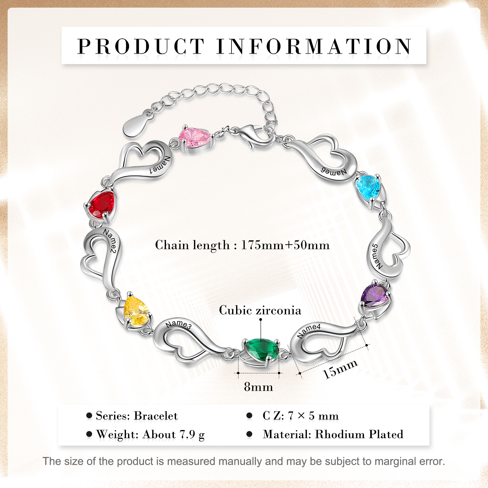 Personalised Heart Bracelet With 6 Birthstones Engraved Name Bracelet Gifts For Her-Jessemade AU