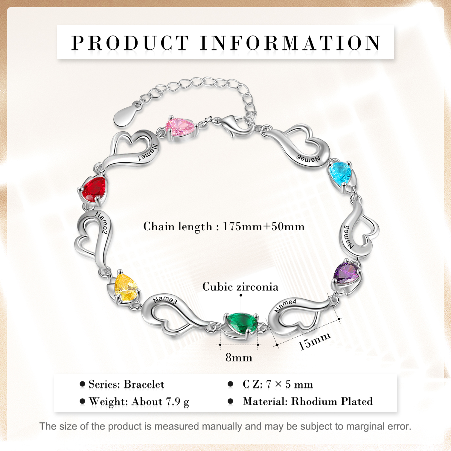 Personalised Heart Bracelet With 6 Birthstones Engraved Name Bracelet Gifts For Her-Jessemade AU