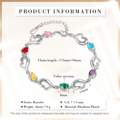 Personalised Heart Bracelet With 6 Birthstones Engraved Name Bracelet Gifts For Her-Jessemade AU