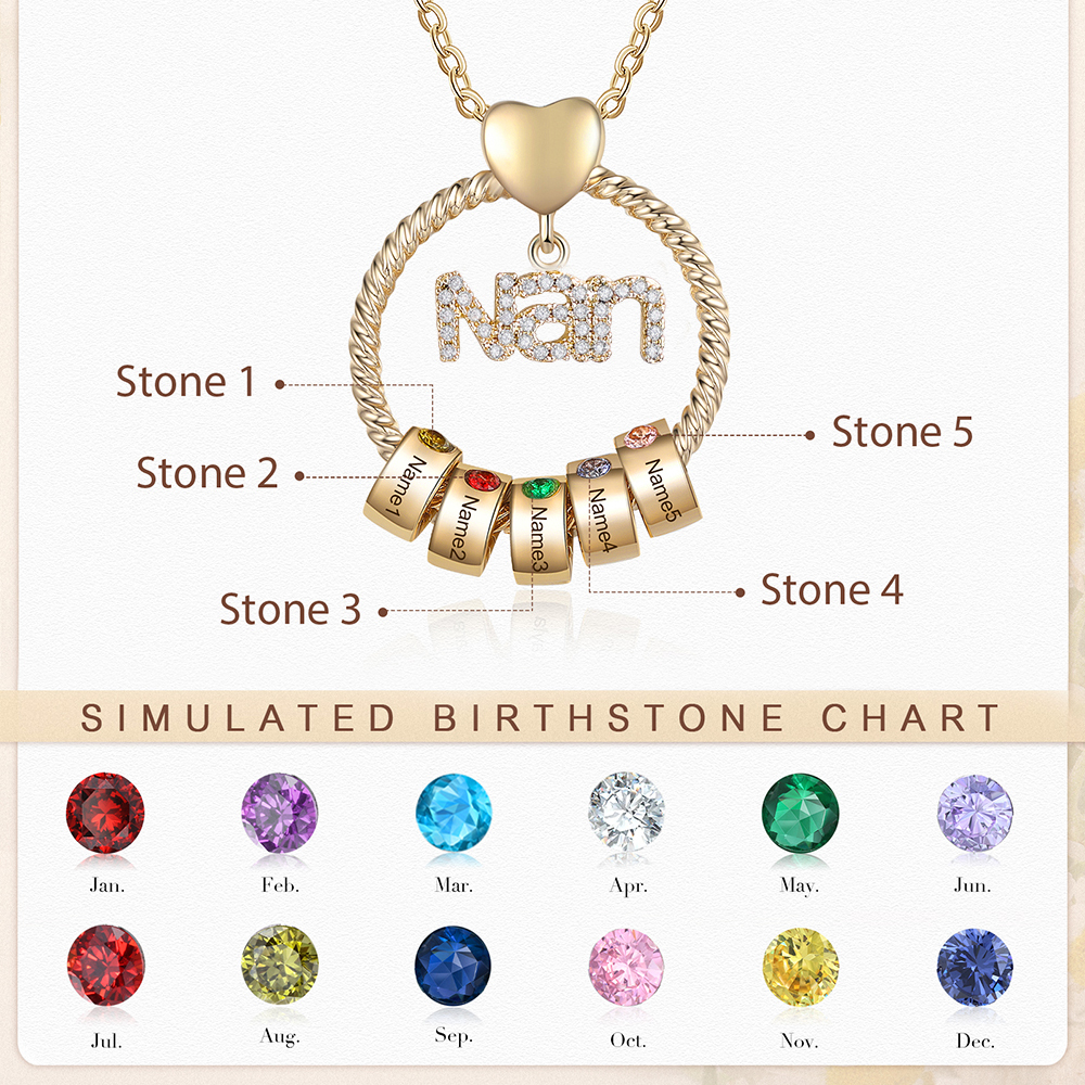 5 Names - Personalised Nan Necklace Custom Names & Birthstones Circle Pendant Necklace Gift for Grandma Nanna-Jessemade AU