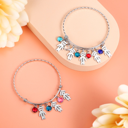 Mother's Day Personalised Kid Charms Bangle Bracelet With Names Customised 2 Birthstones Gift For Women-Jessemade AU