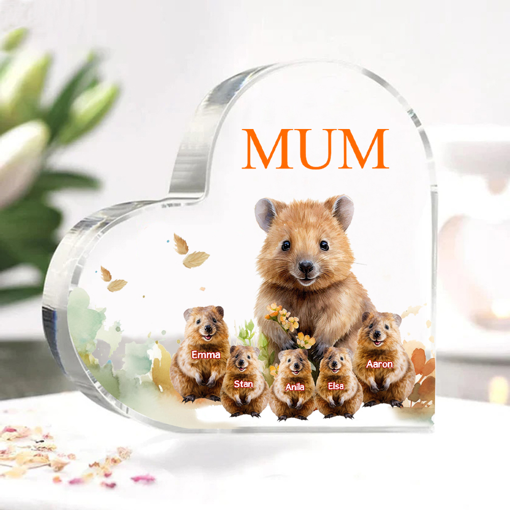 Personalised Acrylic Heart Keepsake Custom 1 Text & 5 Names Ornament Quokka Family Gift for Mother/Grandma-Jessemade AU