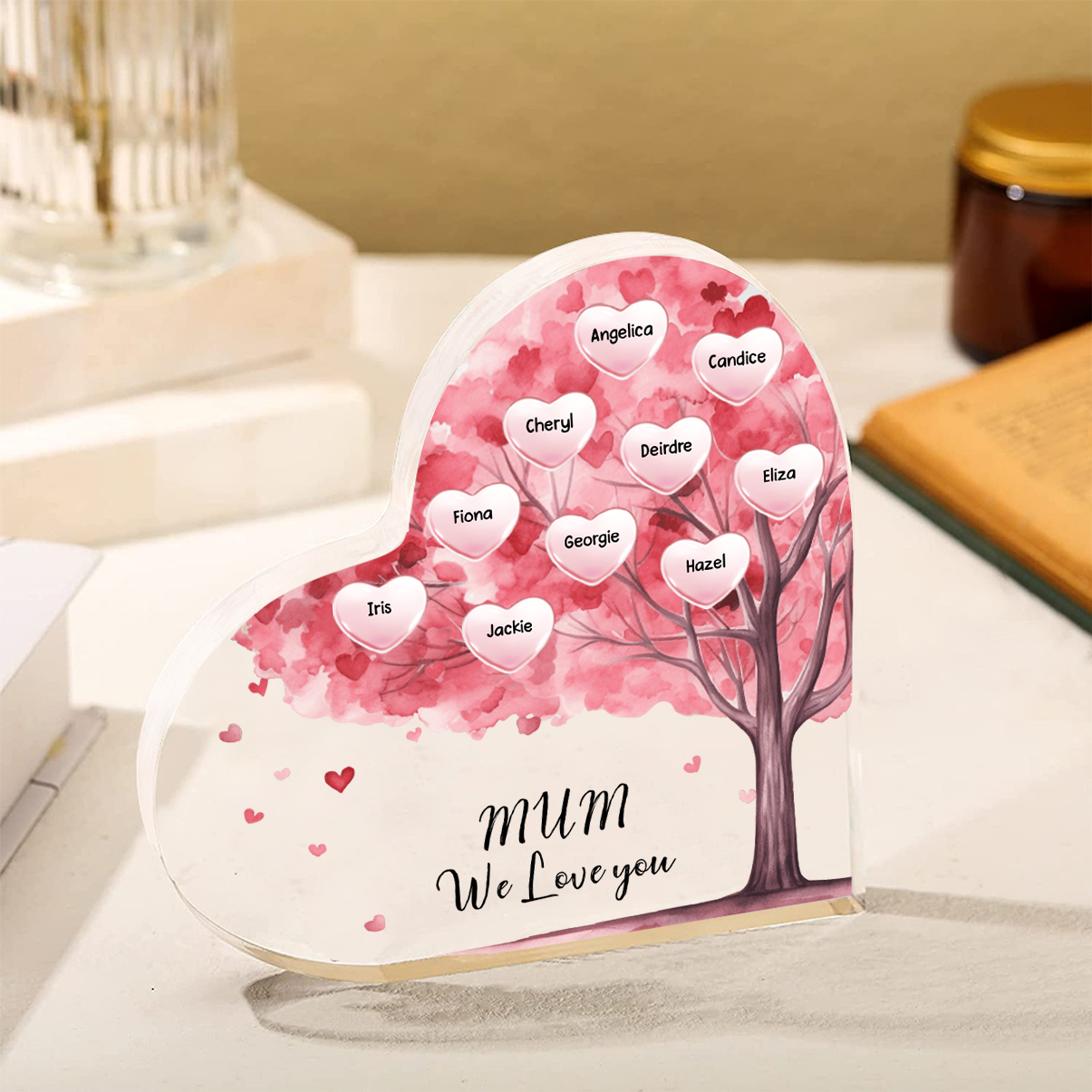 Personalised Text Acrylic Heart Keepsake Custom 1–12 Names Pink Purple Tree Ornaments Gifts for Grandma/Mother-Jessemade AU