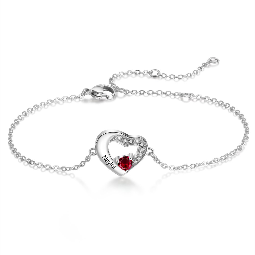 Personalised Heart Bracelet With 1 Birthstone Engraved Names Bracelet Gift For Women-Jessemade AU