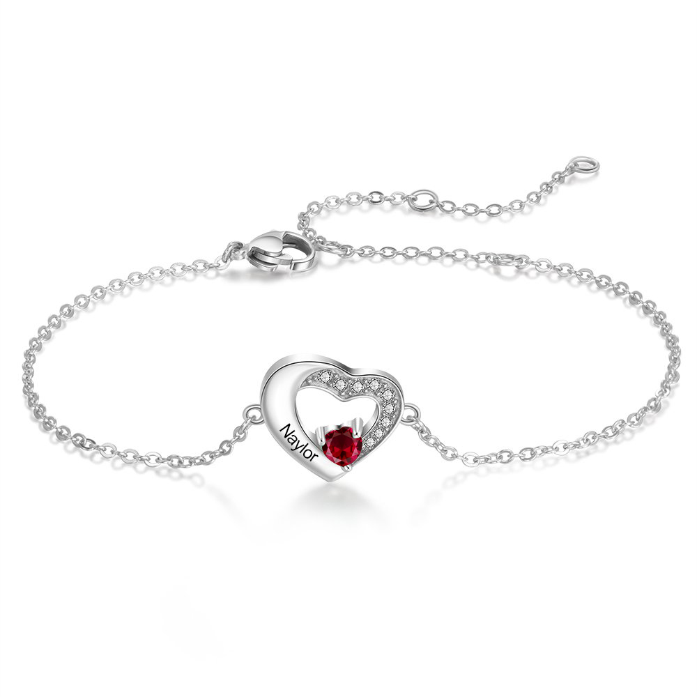 Personalised Heart Bracelet With 1 Birthstone Engraved Names Bracelet Gift For Women-Jessemade AU