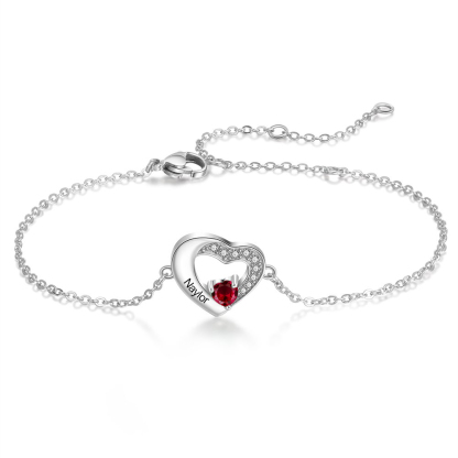 Personalised Heart Bracelet With 1 Birthstone Engraved Names Bracelet Gift For Women-Jessemade AU