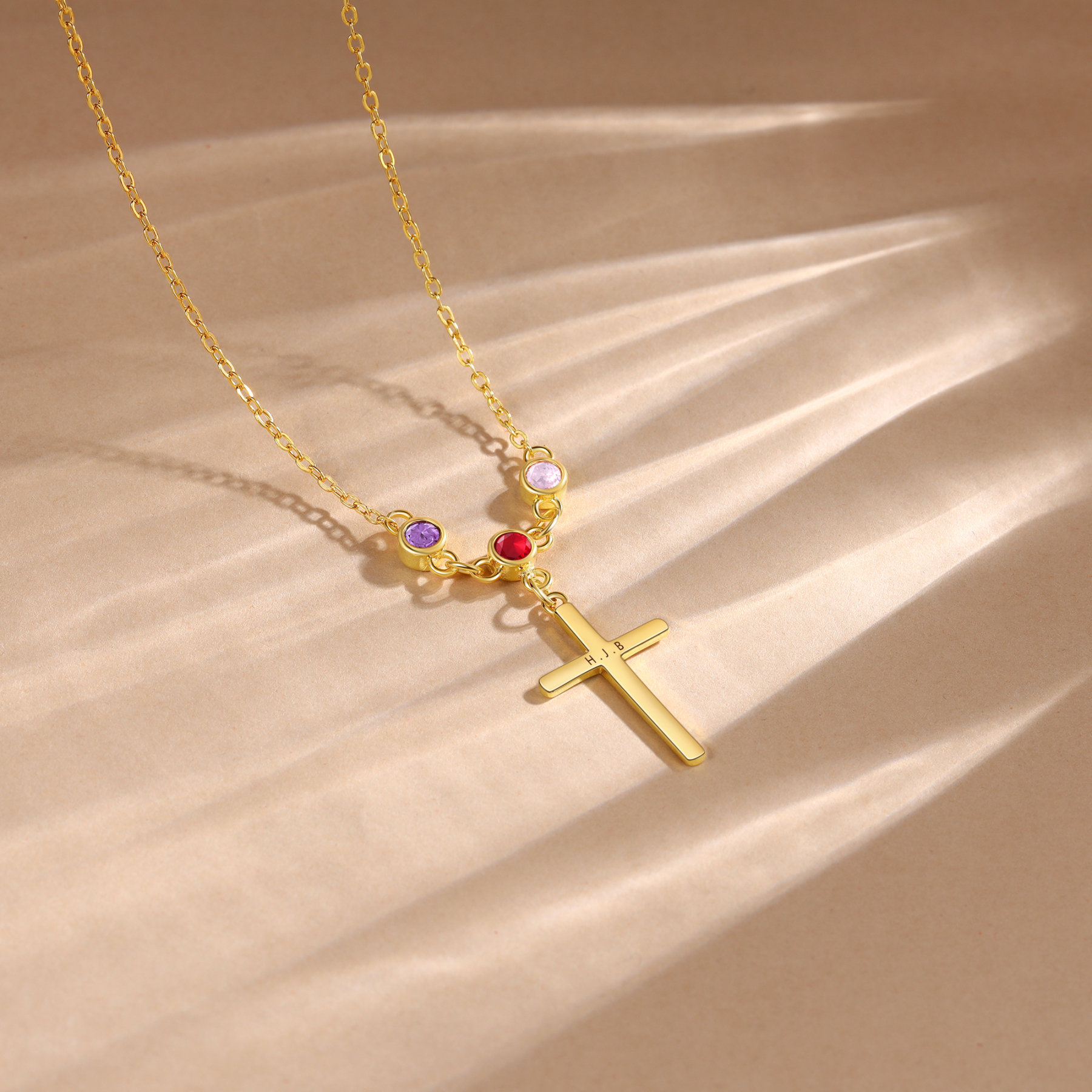 Personalised Cross Pendant Necklace Custom 3 Birthstones & 1 Text Necklace Birthday Gift for Her-Jessemade AU