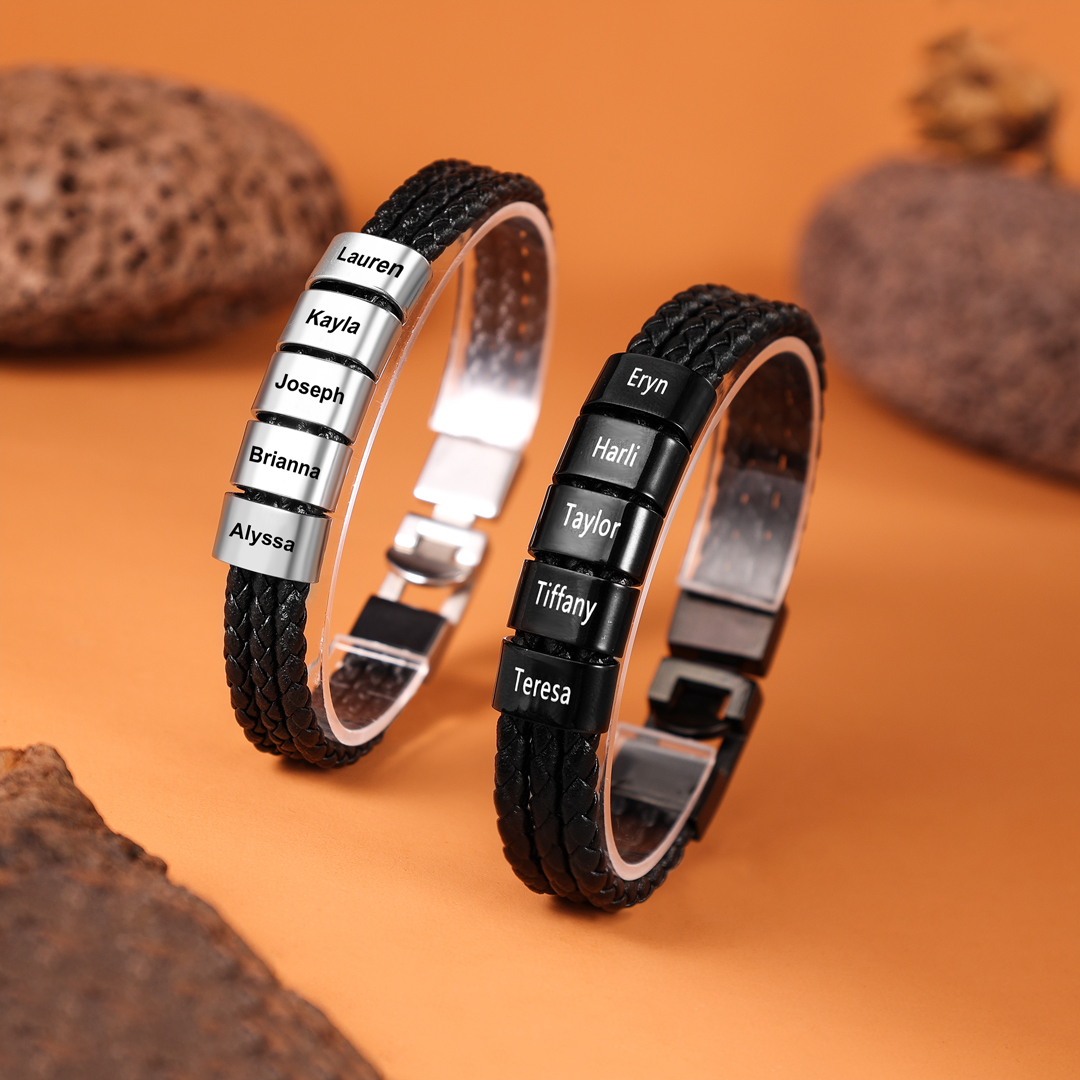 Personalised Braided Leather Bracelet Engraved 7 Names Men's Bracelet for Him-Jessemade AU
