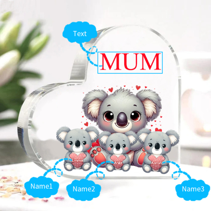 Personalised Acrylic Heart Keepsake Custom 1 Text & 3 Names Ornament Koala Family Gifts for Mother/Grandma-Jessemade AU
