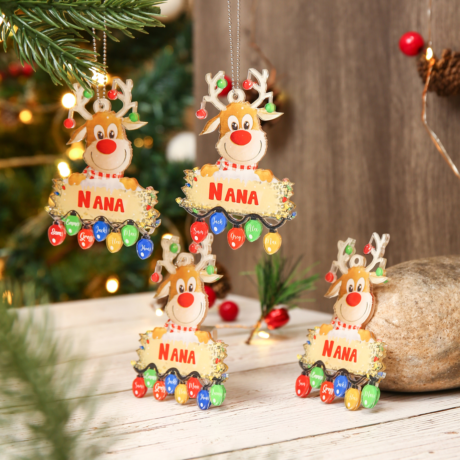 7 Names - Personalised Acrylic Christmas Reindeer Ornaments Customised Text & Name Xmas Pendant Gifts for Family-Jessemade AU