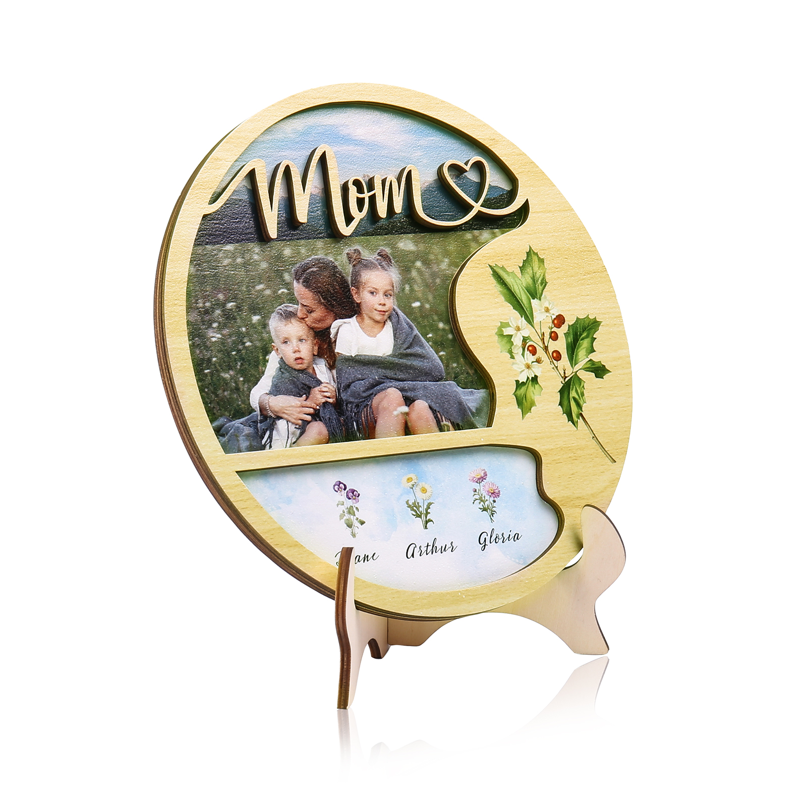 Personalised Photo & Text Wooden Plaque Custom 4 Birth Flowers & 3 Names Wooden Sign With Stand Gifts for Mum/Nana-Jessemade AU