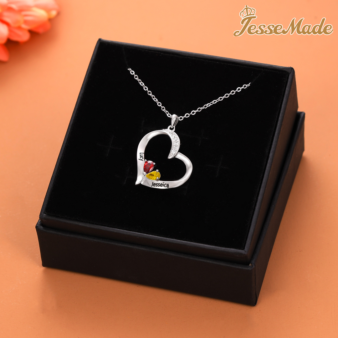Personalised Heart Necklace With 2 Birthstones Engraved Names Gift For Her-Jessemade AU