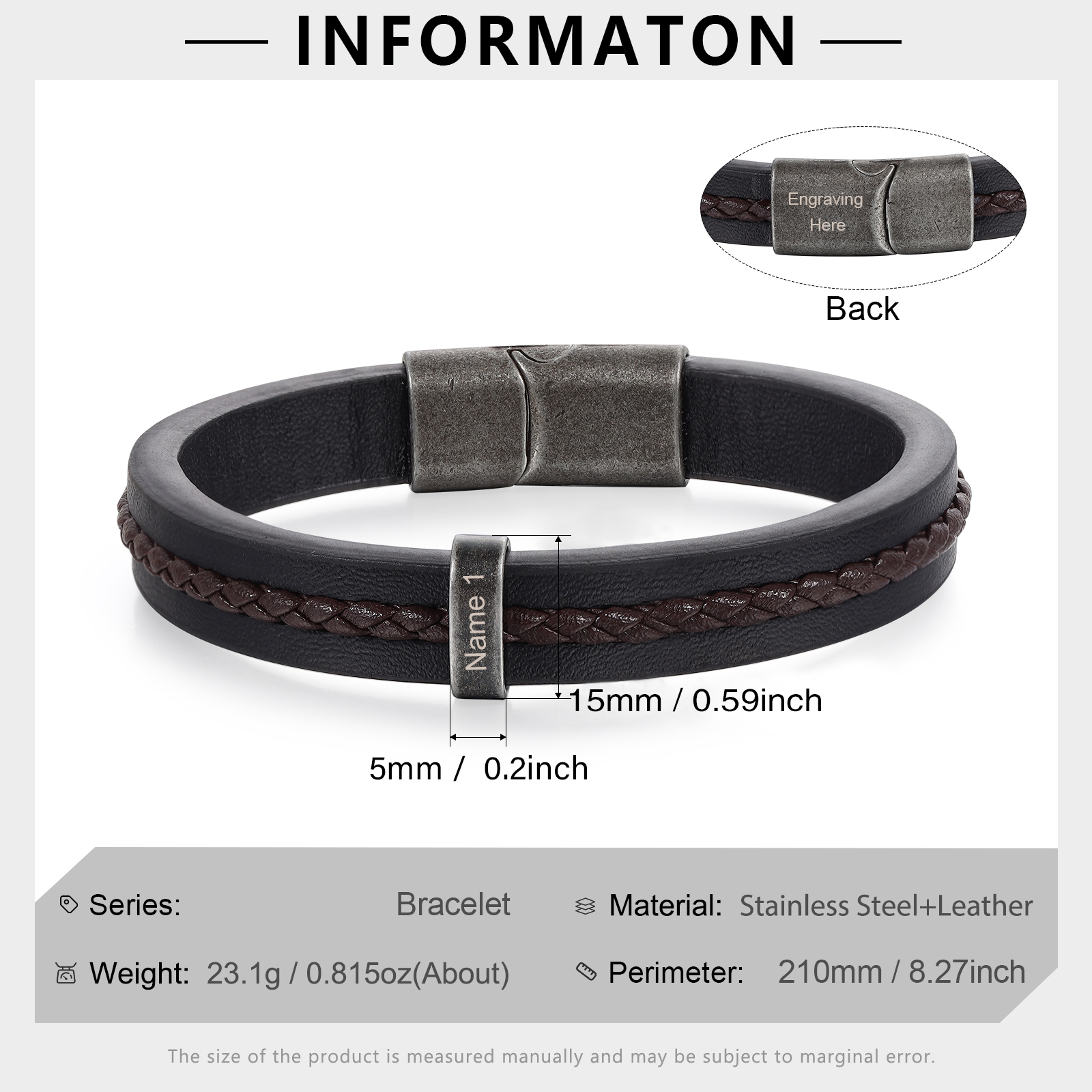 1 Name - Personalised Men's Leather Bracelet Custom Text Beaded Bracelets Vintage Gift for Him-Jessemade AU