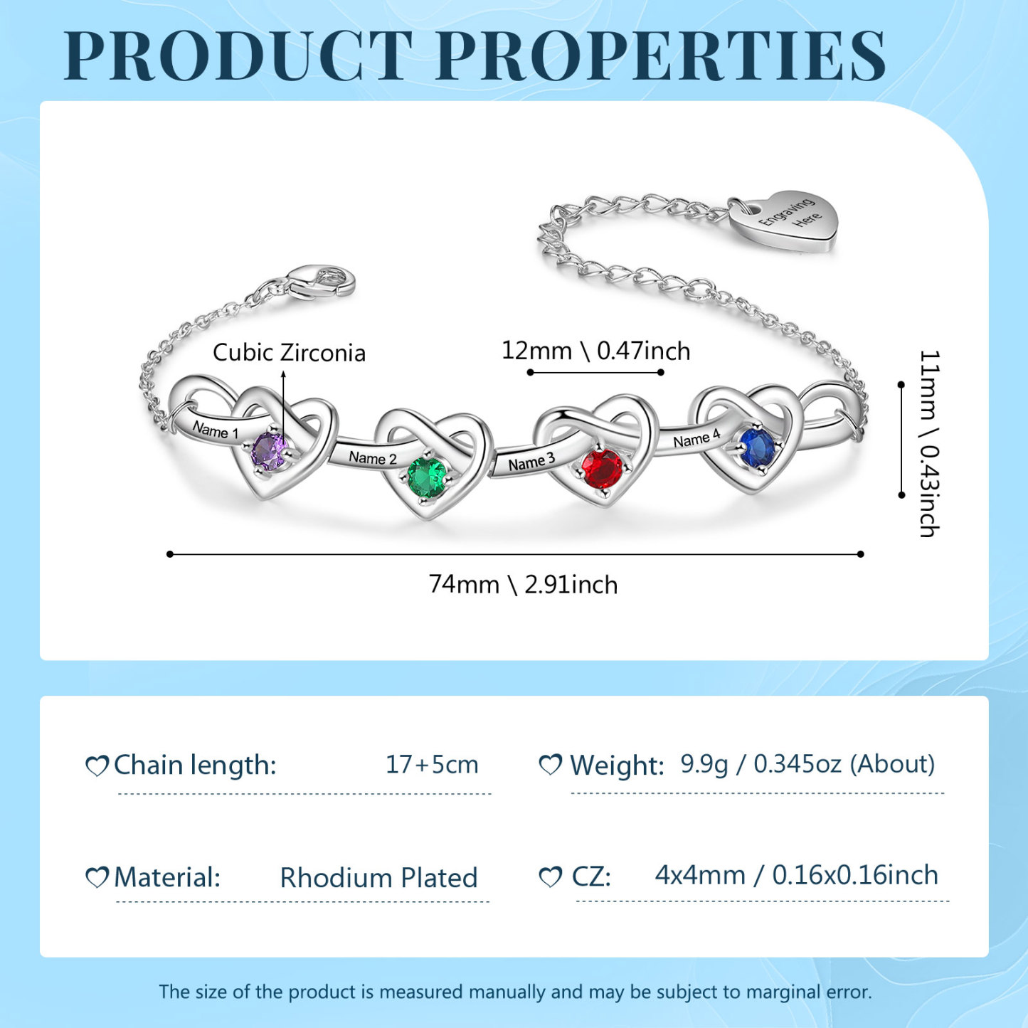 4 Names - Personalised Linked Heart Bracelet Custom 4 Birthstones Engraved Text Bracelets-Jessemade AU