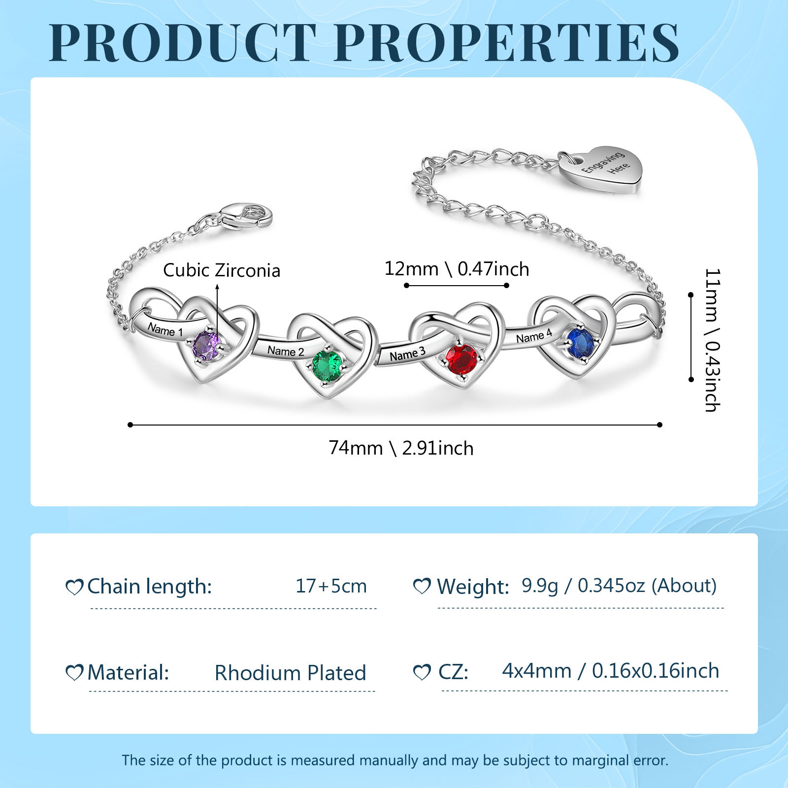 4 Names - Personalised Linked Heart Bracelet Custom 4 Birthstones Engraved Text Bracelets-Jessemade AU
