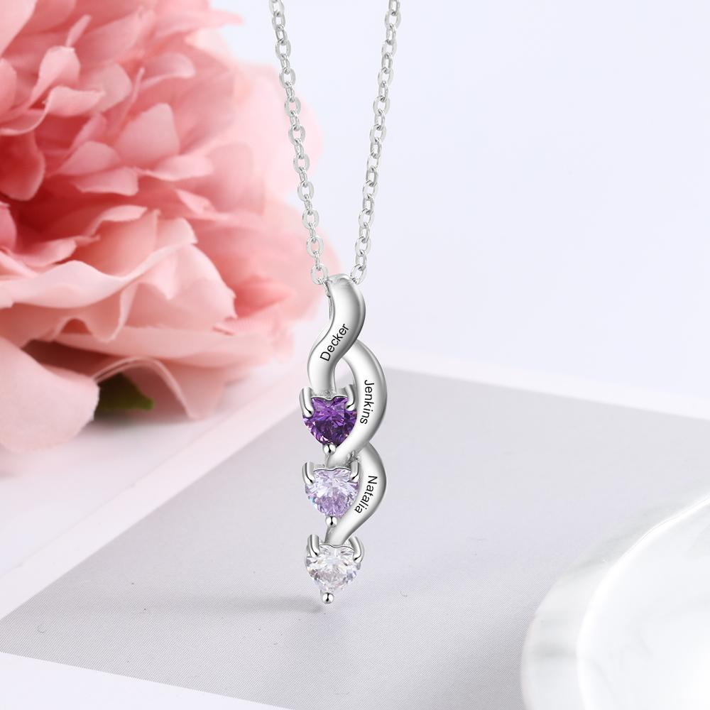 Personalised Necklace With 3 Heart Birthstones Engraved Names Peridot Jewelry Gift For Women-Jessemade AU
