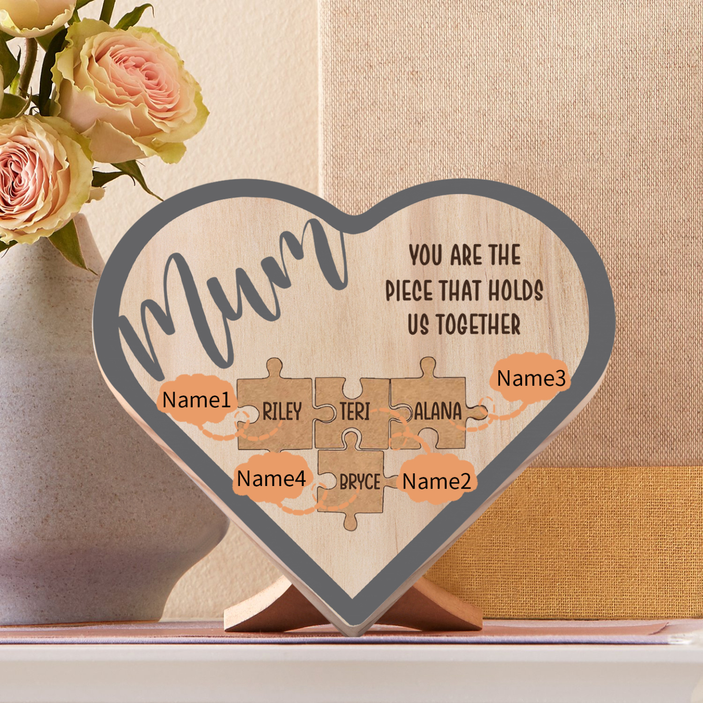To Mum Personalised Wooden Puzzle Heart Keepsake Desktop Ornament Custom 4 Names Mothers Gifts-Jessemade AU