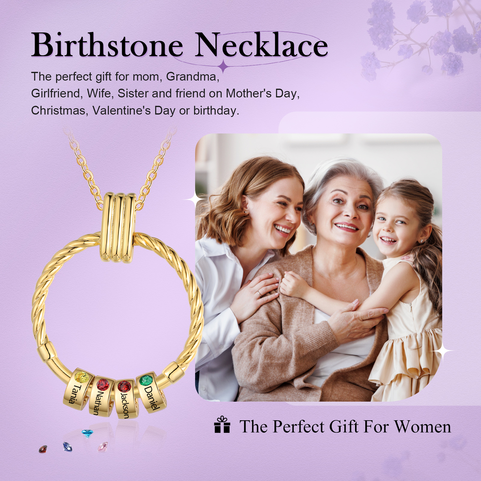 4 Names - Personalised Circle Pendant Necklace Custom Birthstones & Names Necklace Birthday Gift for Her-Jessemade AU