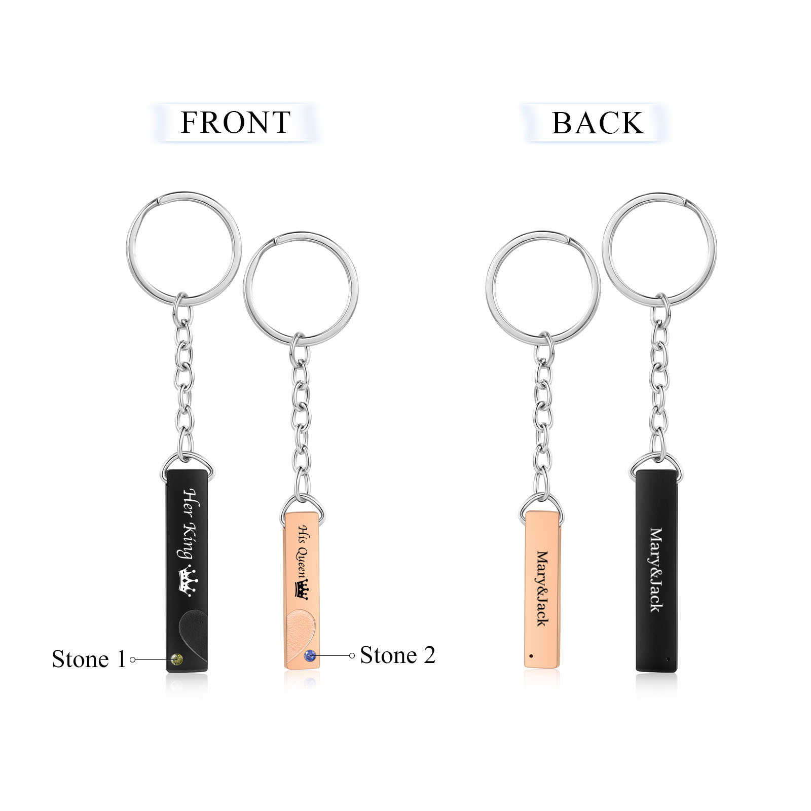 2 PCS Couple Keychain Set Customised with Texts & Birthstones Keychain Crown Gift for Couples-Jessemade AU