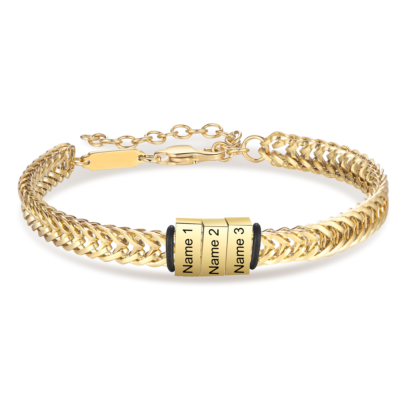 Personalised Men's Beaded Bracelet Custom 4 Names Adjustable Bracelets Stainless Steel Gifts for Him