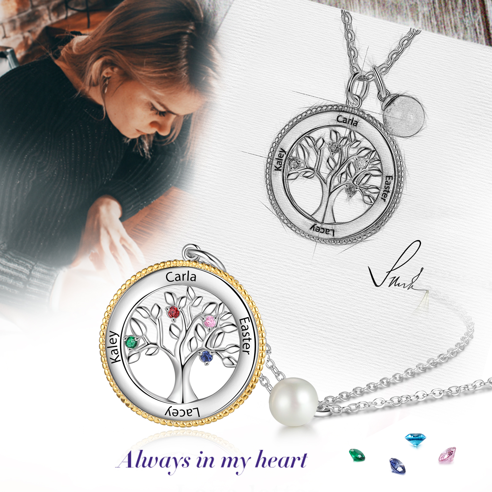 Personalised Family Tree Necklace With 4 Birthstones Engraved Names Necklace Gift For Women-Jessemade AU