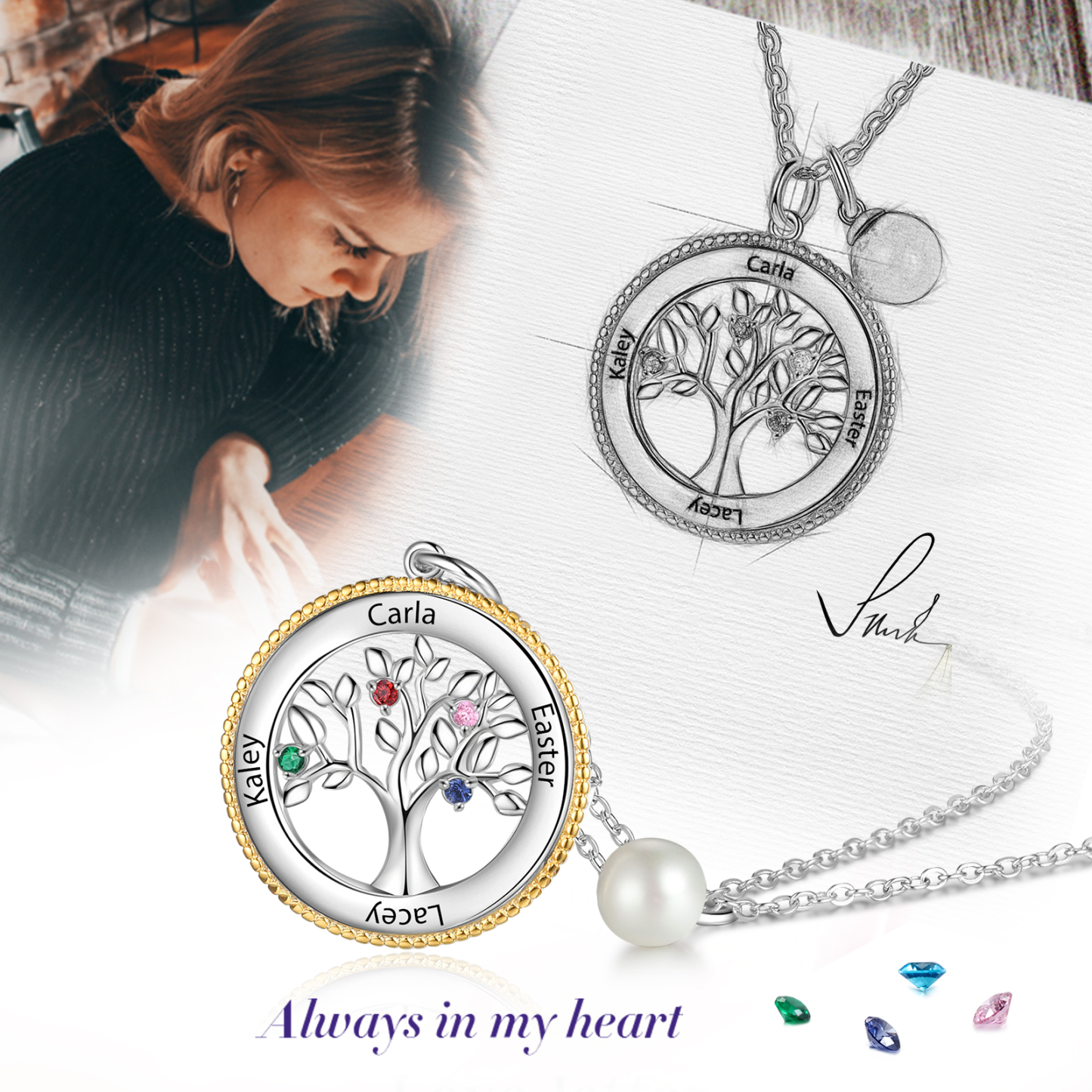 Personalised Family Tree Necklace With 4 Birthstones Engraved Names Necklace Gift For Women-Jessemade AU