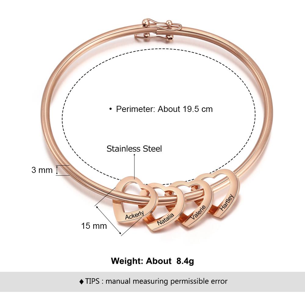 Love Bracelet Bangle Bracelet with 4 Heart Shape Pendant Engraved 4 Names Gift For Mom-Jessemade AU