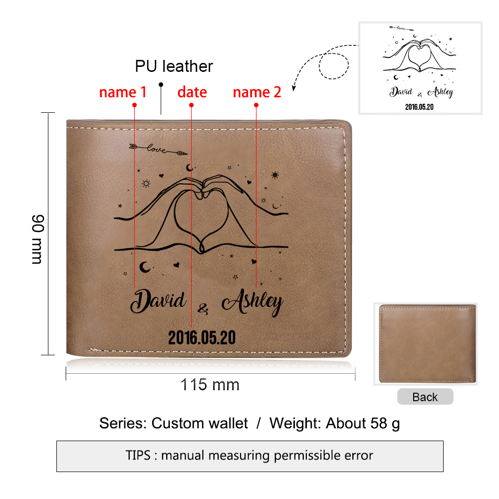 Personalised Leather Wallet Customised 2 Names & Date Wallet Heart Valentine's Day Gifts for Husband/Boyfriend-Jessemade AU