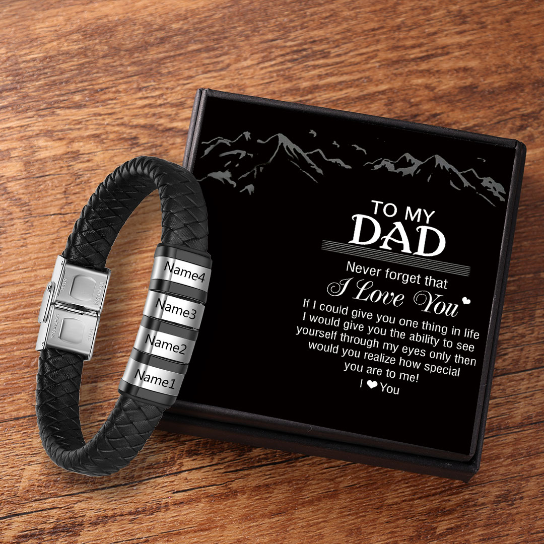 Men Leather Braided Bracelet Personalised with 4 Names 4 Beads Gift For Father's Day-Jessemade AU