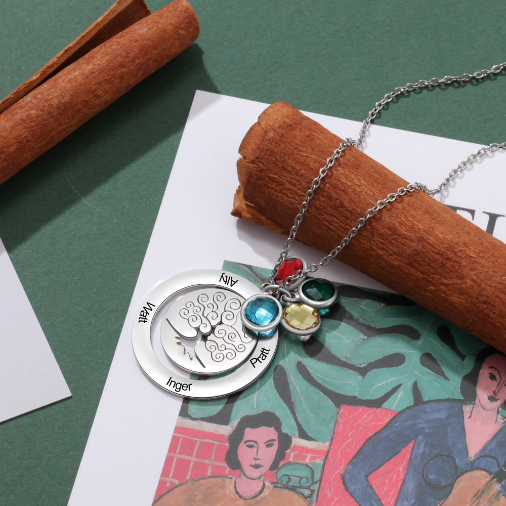Personalised Family Tree Necklace with 4 Birthstones Engraved Names Gift For Women-Jessemade AU